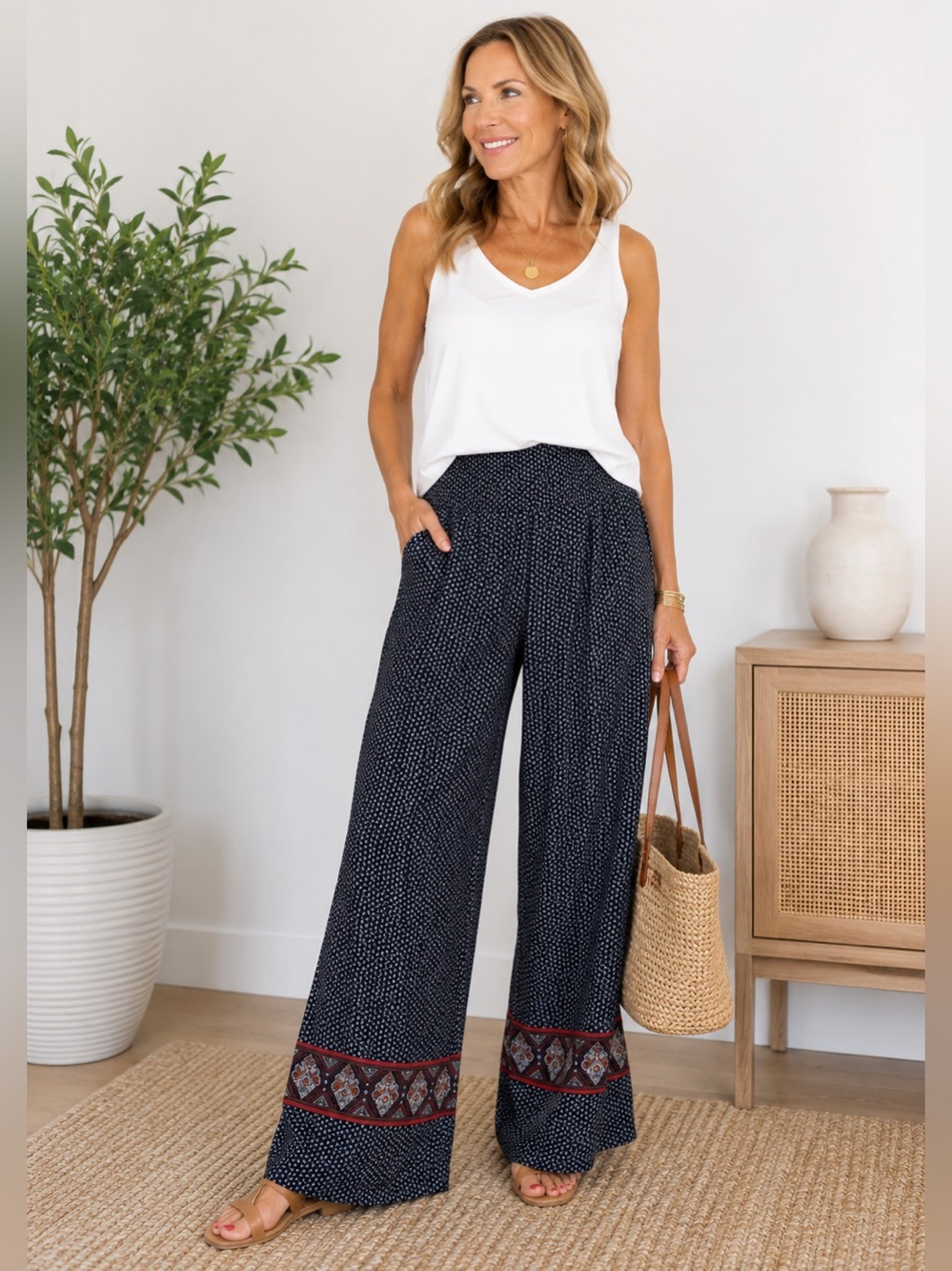 Maurices Black Wide Leg Pants with Red & White Border Detail